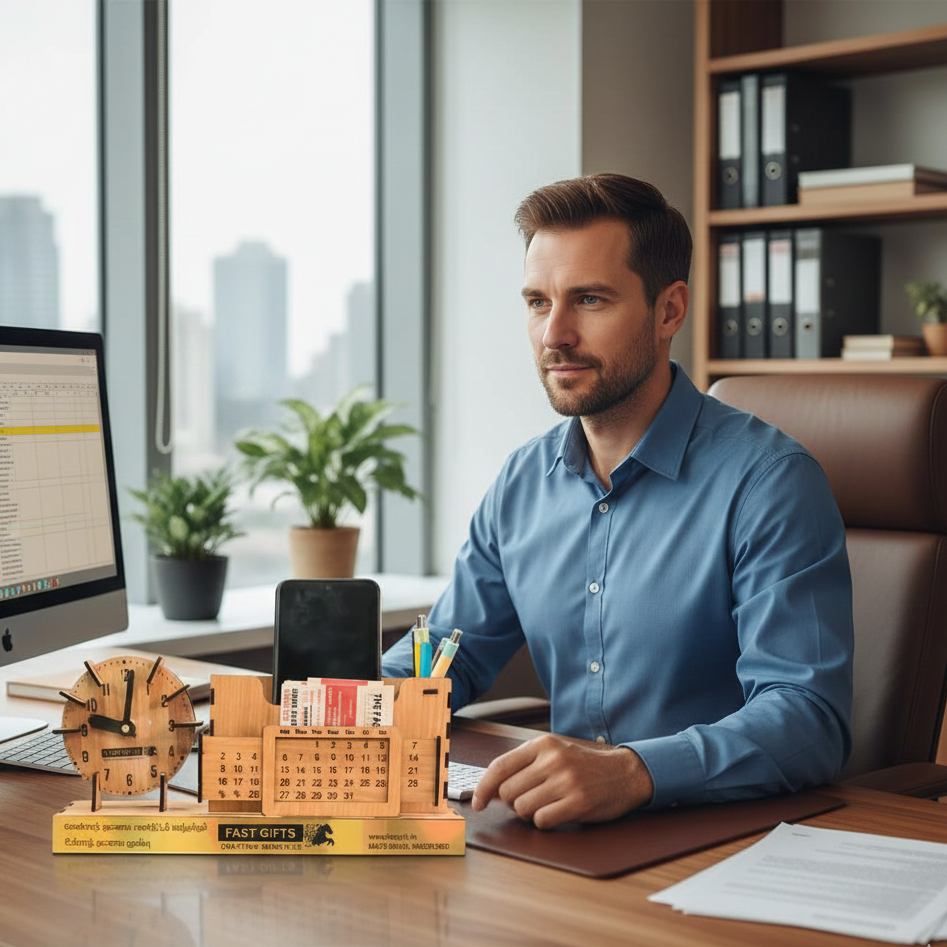 Fast Gifts Premium Wooden Pen Stand – Clock + Mobile Holder + Card Holder+ calender