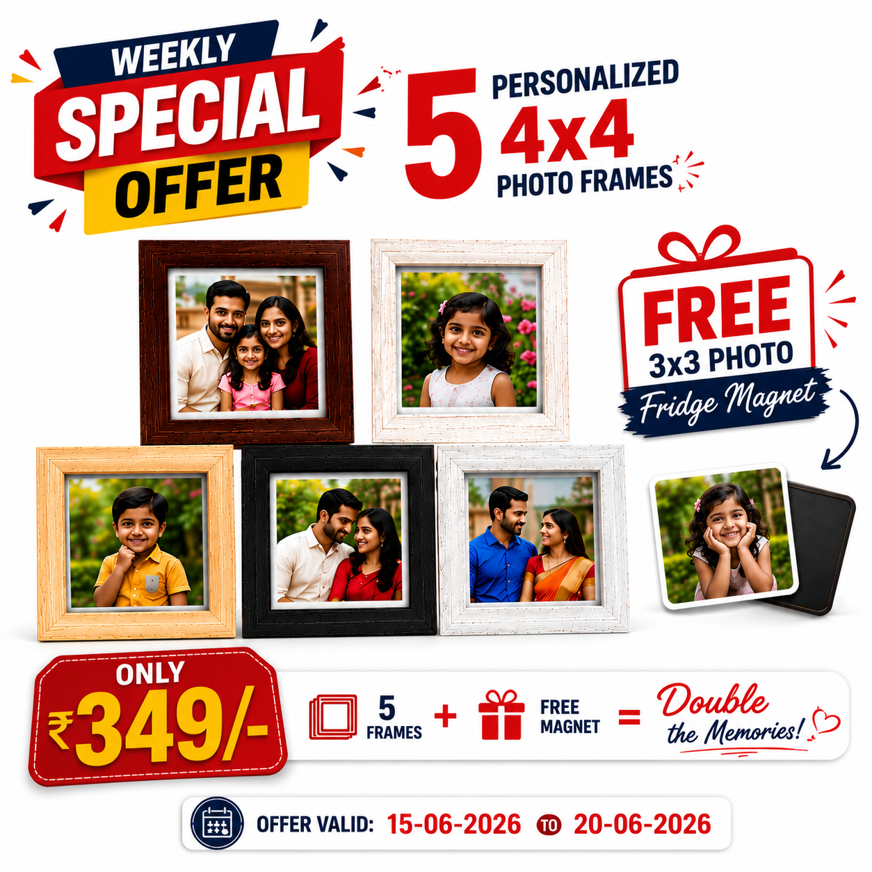 5 Personalized 4x4 Photo Frames + FREE 3x3 Photo Fridge Magnet