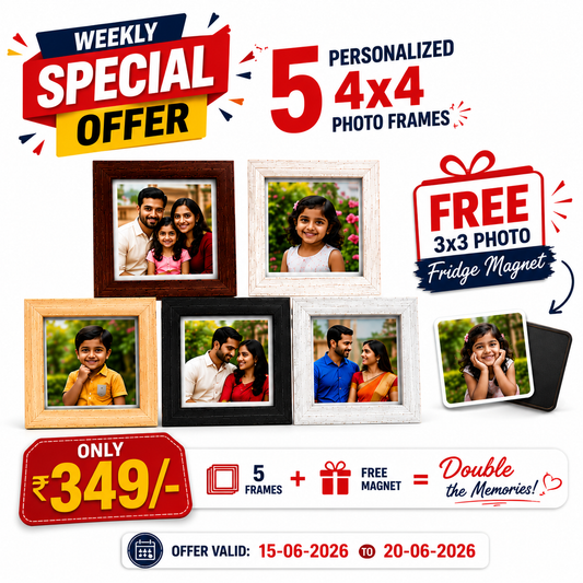 5 Personalized 4x4 Photo Frames + FREE 3x3 Photo Fridge Magnet