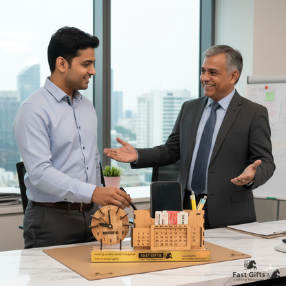 Fast Gifts Premium Wooden Pen Stand – Clock + Mobile Holder + Card Holder+ calender