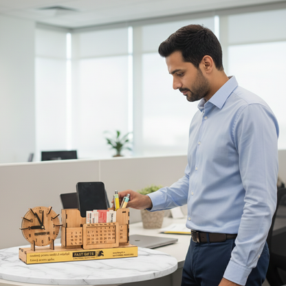 Fast Gifts Premium Wooden Pen Stand – Clock + Mobile Holder + Card Holder+ calender