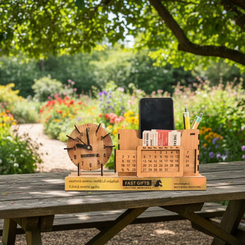 Fast Gifts Premium Wooden Pen Stand – Clock + Mobile Holder + Card Holder+ calender