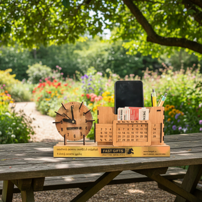 Fast Gifts Premium Wooden Pen Stand – Clock + Mobile Holder + Card Holder+ calender