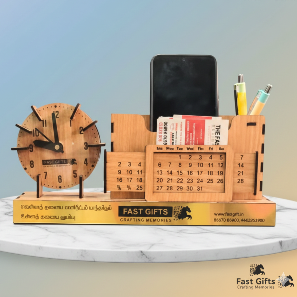 Fast Gifts Premium Wooden Pen Stand – Clock + Mobile Holder + Card Holder+ calender